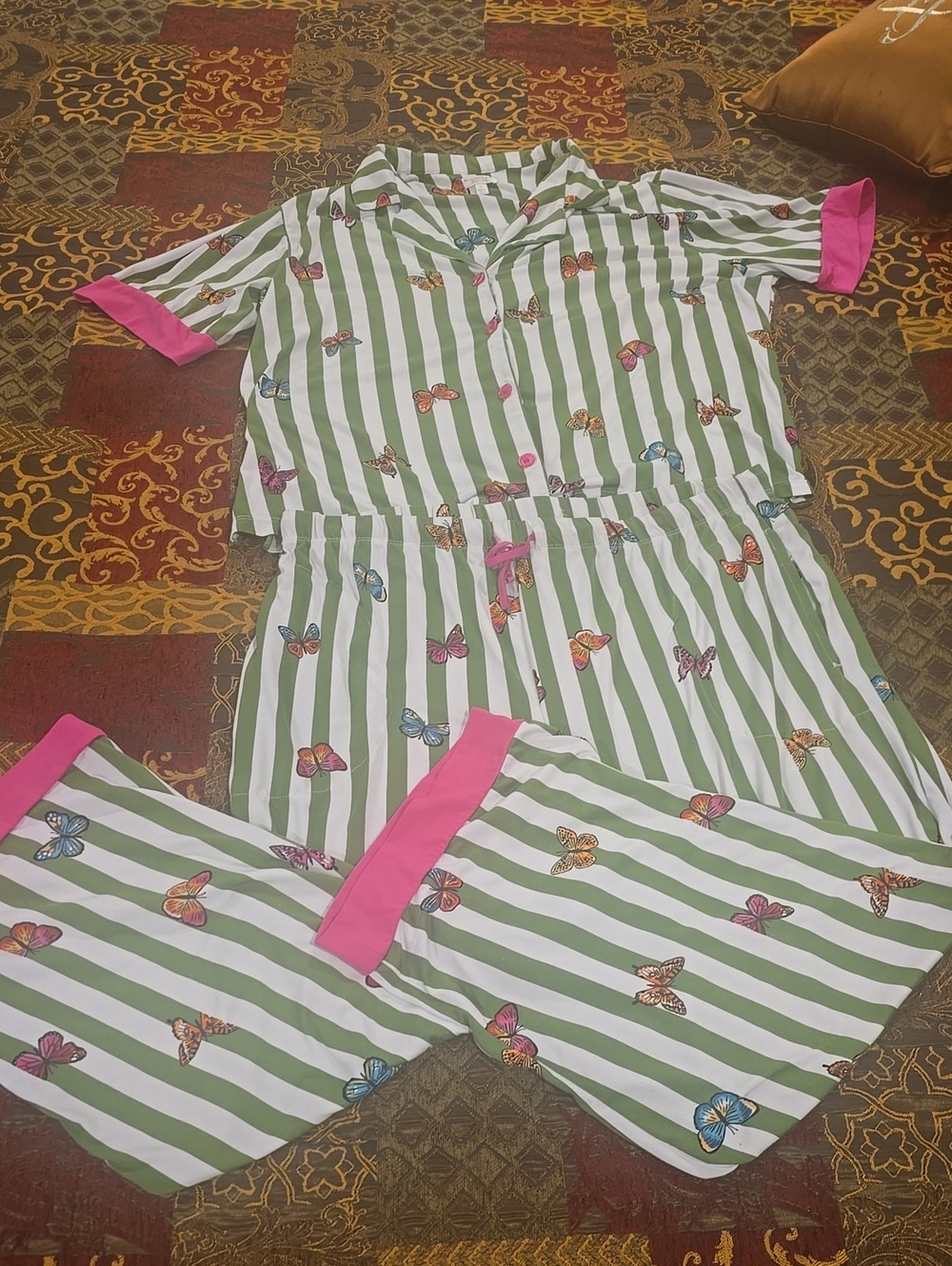 Womans Green & White Striped Butterfly Pajama Set with Pink Trim